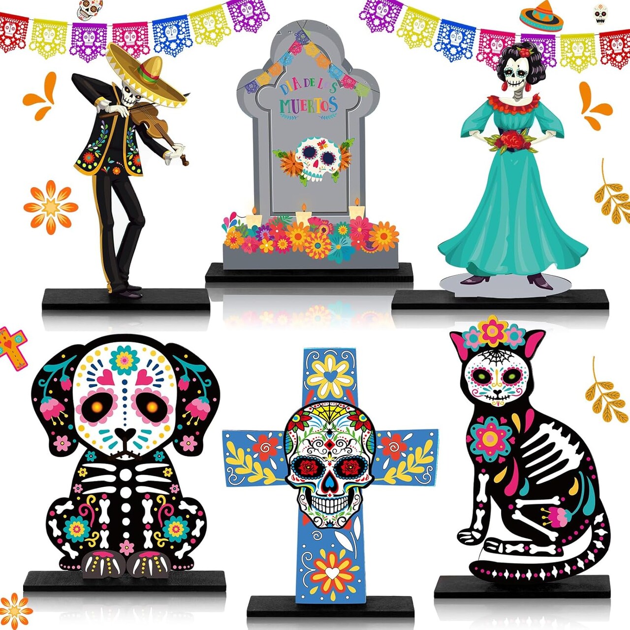 6 Pcs Day of The Dead Wooden Table Centerpiece Dia De Los Muertos Mexican Table Decorations Halloween Table Topper